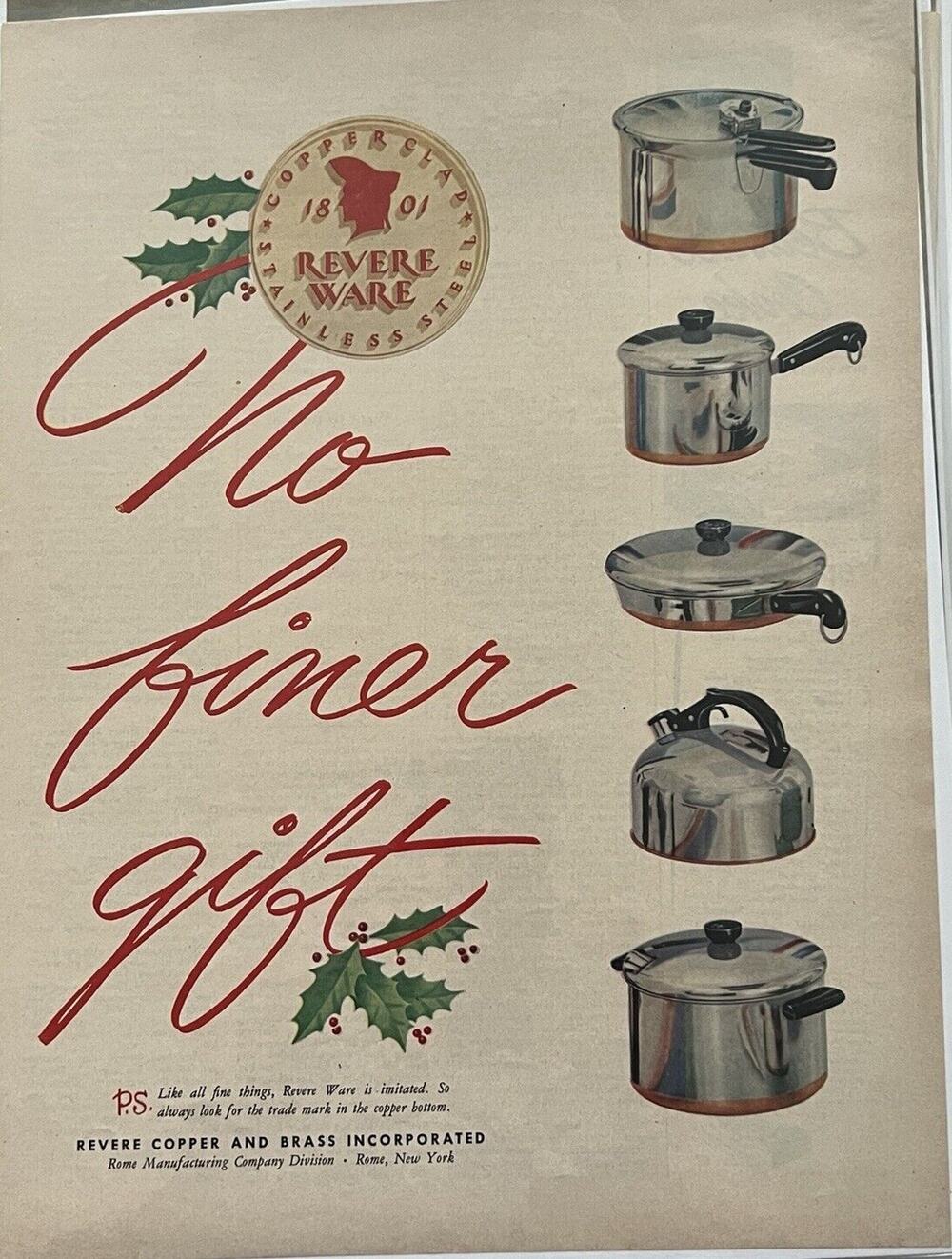 Vtg 1950s Revere Ware Copper Clad Cookware Print Ad Rome NY MCM Kitchen Pans